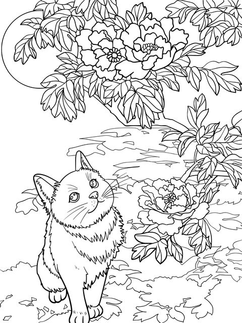 Cat Admiring Peonies under the Moon