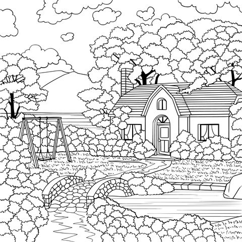 Beautiful Courtyard Scenery Coloring Page