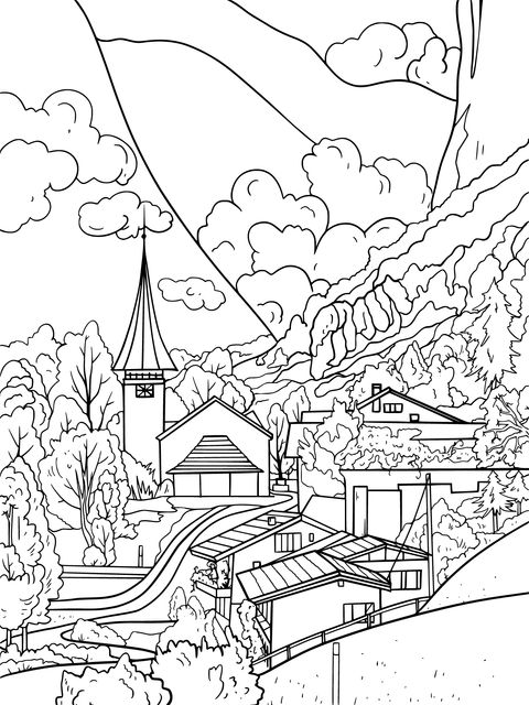 Mountain Village Landscape Coloring Page