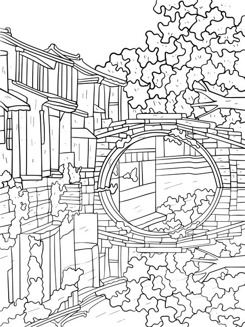 Ancient - style Arch Bridge and Cherry Blossom Scenery Coloring Page