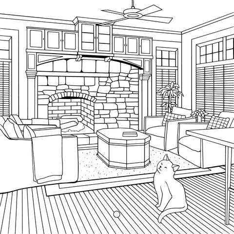 Cozy Living Room with Cat Coloring Page