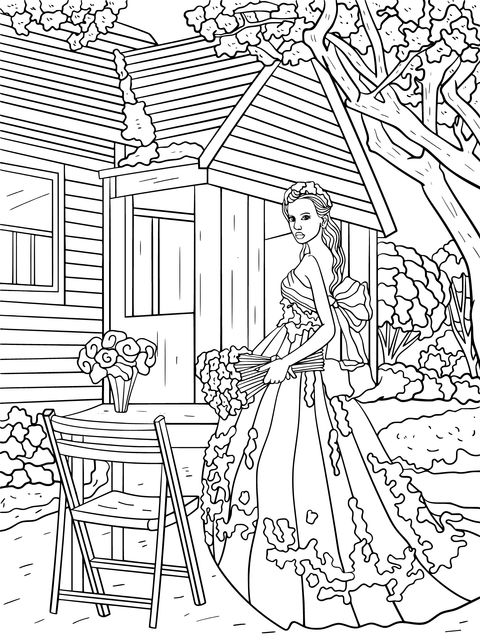 Coloring Page of a Lady in a Blue Dress and a Rustic Cottage