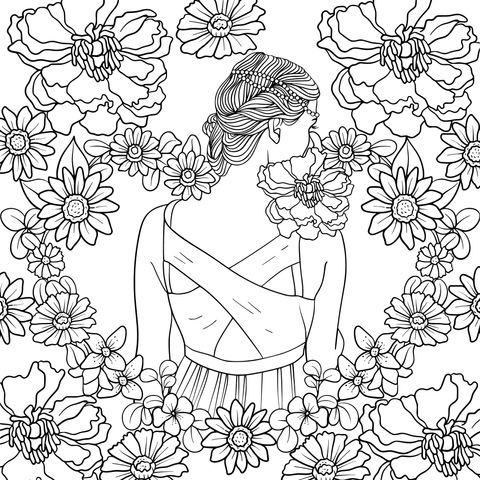 Coloring Page of a Woman Surrounded by Flowers