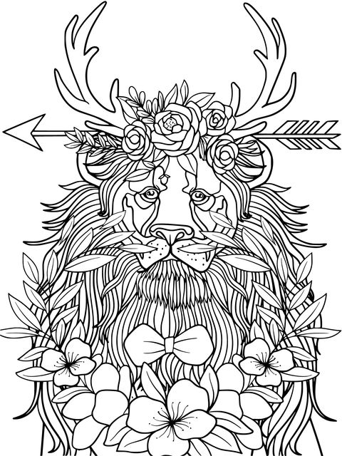 Página de colorear de un león con corona de flores soñador