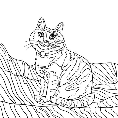 Dibujo para Colorear de un Gato Adorable: Gato Tigrado Sentado