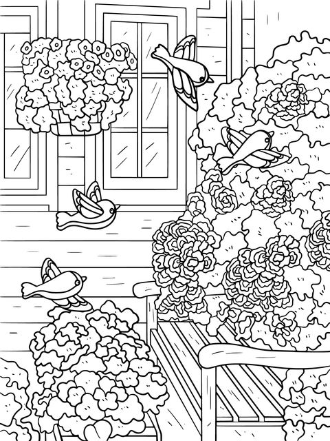 A Courtyard Scene with Blooming Flowers and Flying Birds