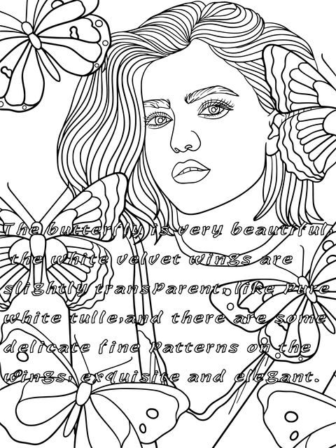 Coloring Page of a Woman Surrounded by Butterflies