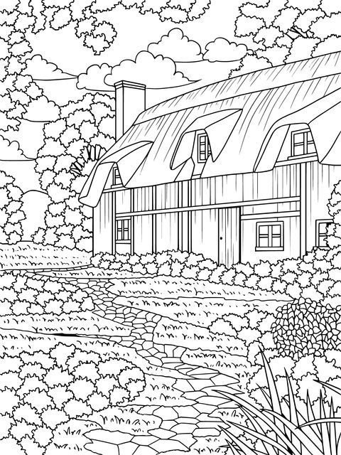 Rural Cottage Landscape Coloring Page