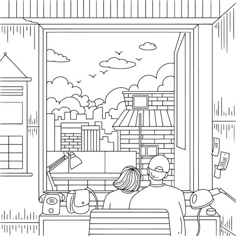 Romantic Windowsill View Coloring Page: Couples Enjoy the Beautiful Scenery Together