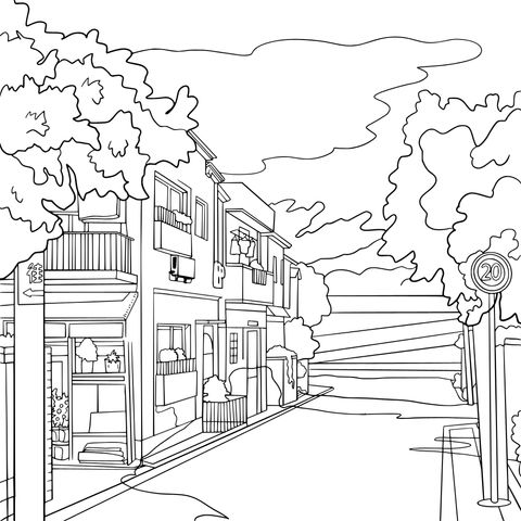 Cartoon - style Street Scenery Coloring Page