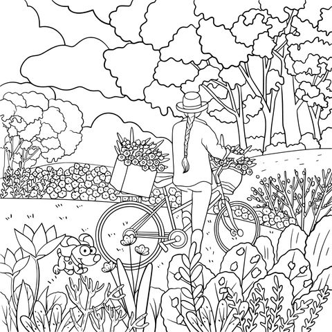 Spring Cycling Coloring Page: Enjoy Romantic Outdoor Time