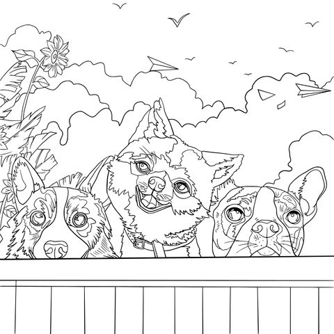 Adorable Dog Coloring Page: The Joyful Moments of Three Cute Dogs