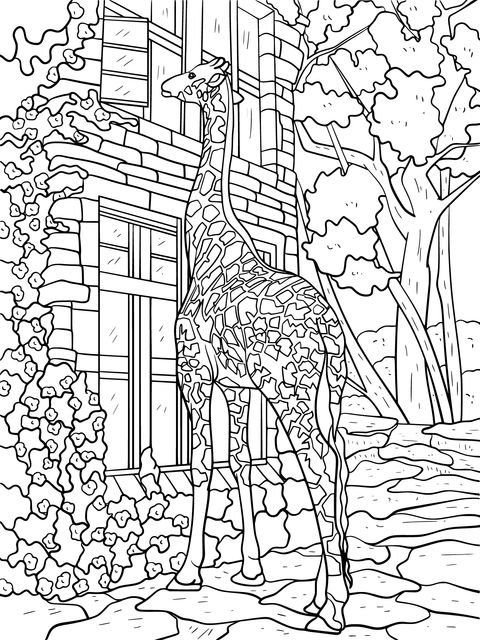 Coloring Page of a Giraffe beside a House