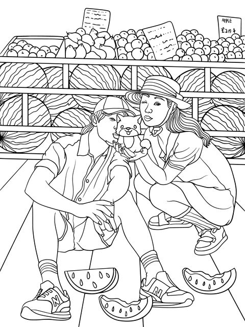 Couple in Front of a Fruit Stall Coloring Page