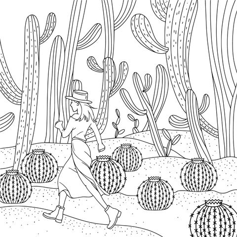 Coloring Page of a Woman Walking Through Cactus Plants