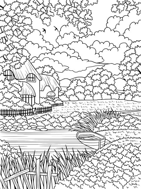 Rural Scenery Coloring Page: Cottage, Pond and Greenery