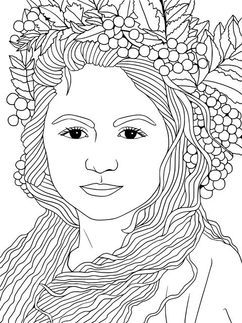 Coloring Page of a Woman with a Berry Wreath