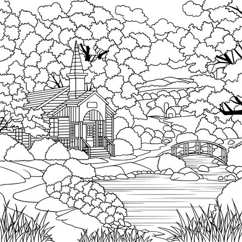 Church in Rural Scenery Coloring Page