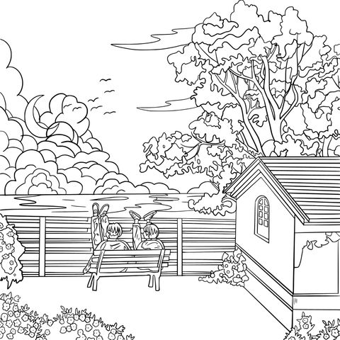 Coloring Page of Enjoying the View in the Courtyard at Night