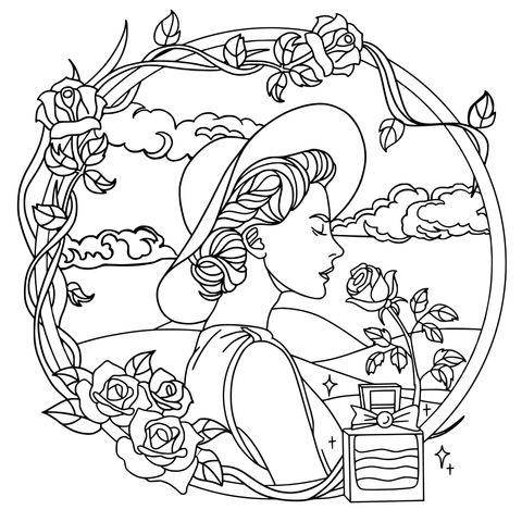 Vintage - style Lady and Roses Coloring Page