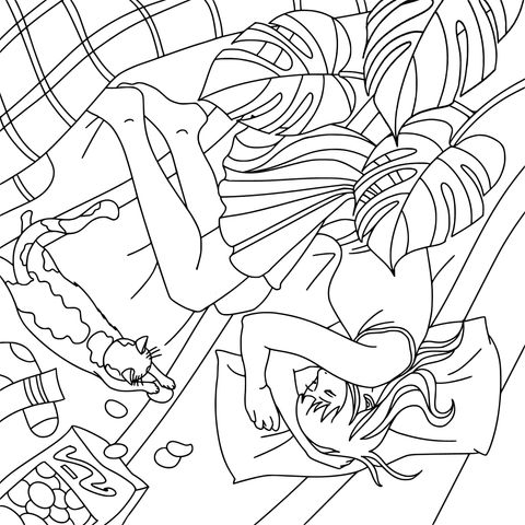 Coloring Page of a Girl and a Cat Relaxing Cozily