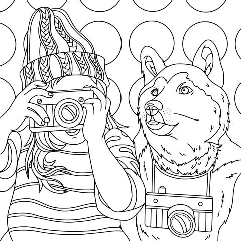 Página para colorear de una chica y un perro tomando fotos