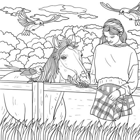 Heart - warming Interaction between a Girl and a Horse Coloring Page