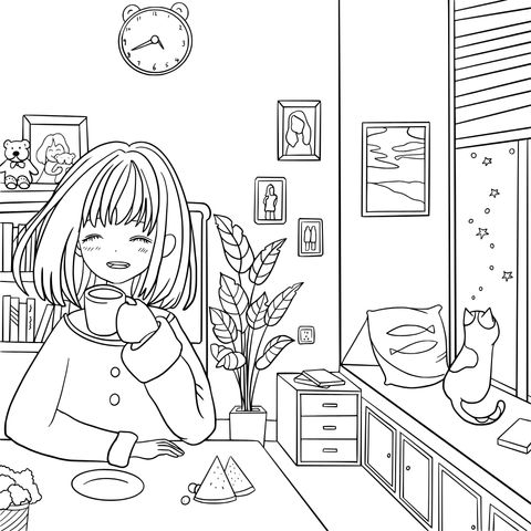 Cozy Indoor Scene Coloring Page: Girl Enjoying Time Cozily