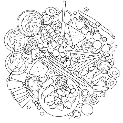 Página de Colorir de Comidas Coloridas: Uma Variedade de Ingredientes Esperando Suas Cores