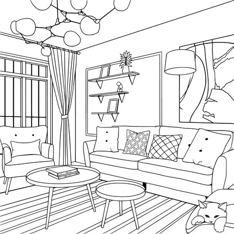 Cozy Living - Room Themed Coloring Page