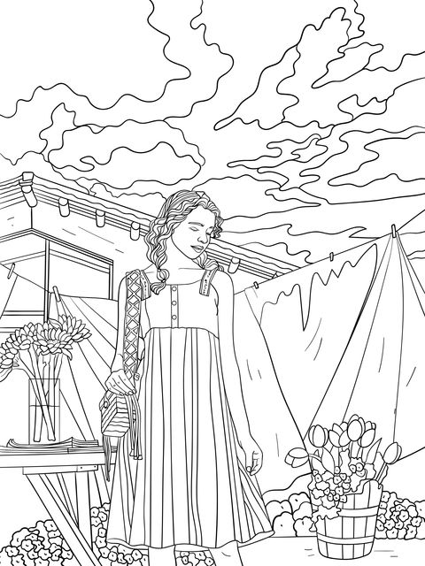 Coloring Page of a Woman with a Bag in the Garden