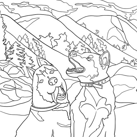 Coloring Page of Two Dogs in an Outdoor Landscape