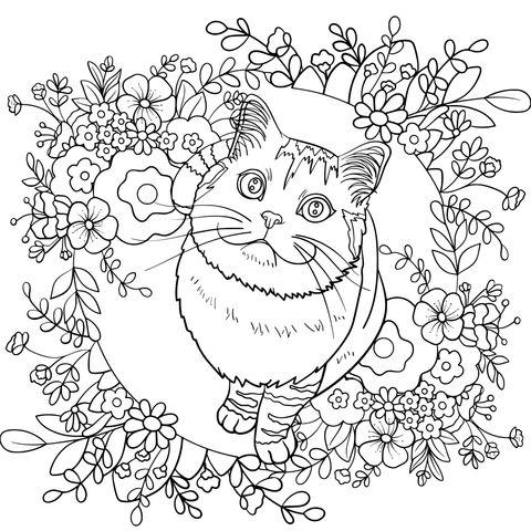 Página de Colorear de un Gato Adorable y Flores