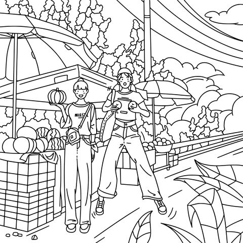 Vibrant Street Fruit - Vegetable Stall Coloring Page