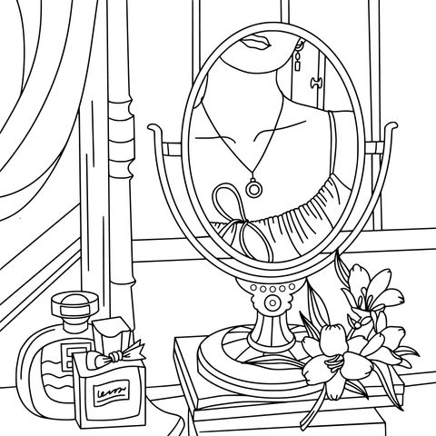 Coloring Page of a Dressing - up Scene in Front of a Mirror