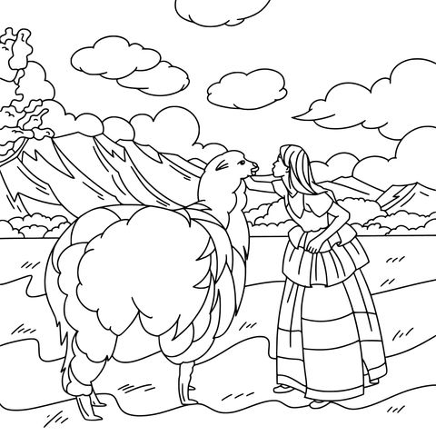 Coloring Page of a Girl Interacting with an Alpaca