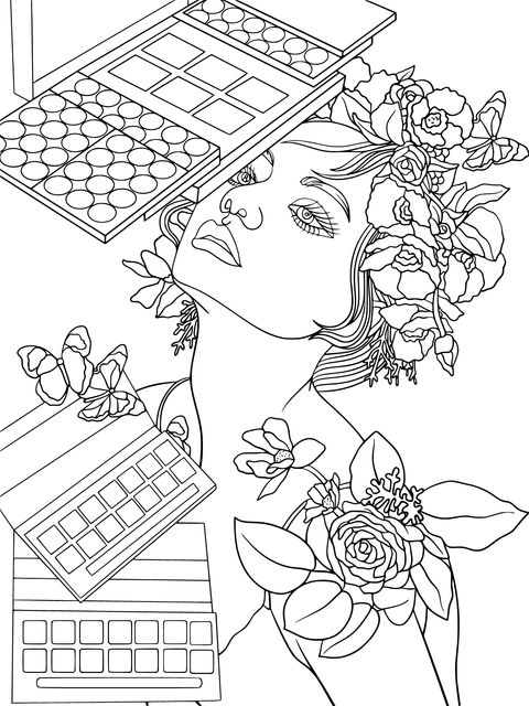 Ilustración de página de colorear con tema de maquillaje y flores