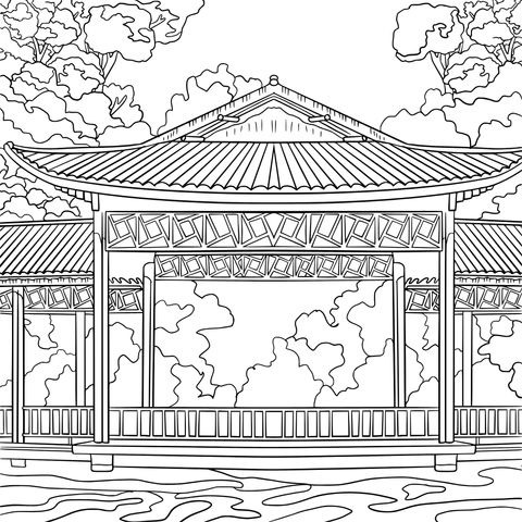 Chinese Pavilion - style Landscape Coloring Page