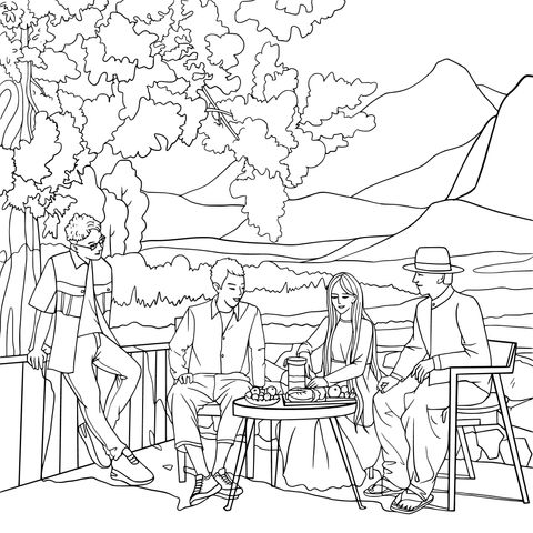 Coloring Page of Four - person Outdoor Leisure Scene