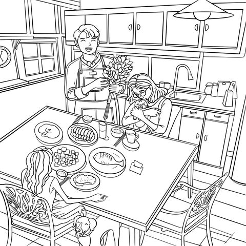 Cozy Family Kitchen Scene Coloring Page