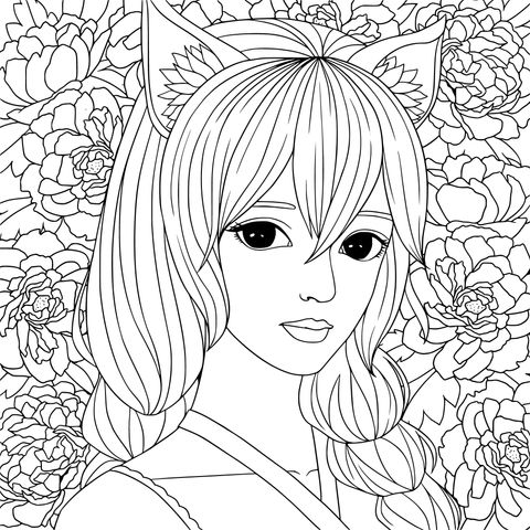 Página de Colorear de una Chica Anime con Orejas de Gato