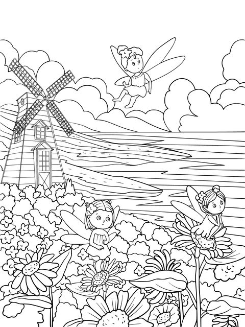 Fairytale - style Fairy and Windmill Coloring Page