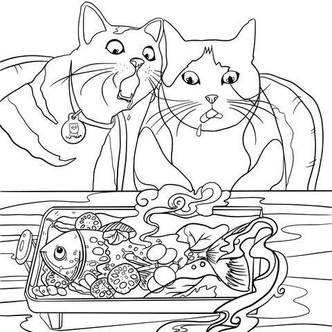 Coloring Page of Two Cats Gazing at Delicacies