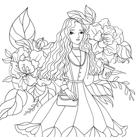 Coloring Page of a Girl with a Cup and Flowers