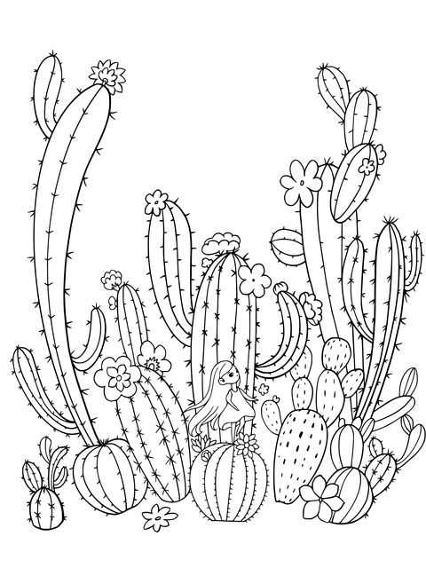 Dreamy Cactus and Girl Coloring Page