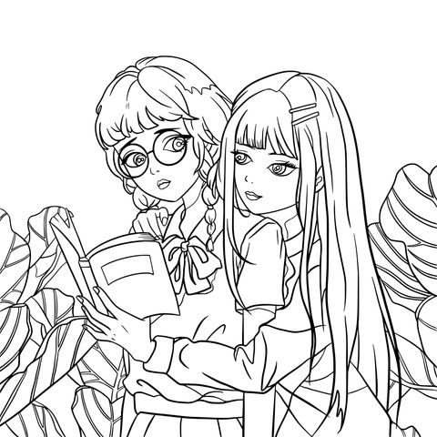 Coloring Page of Two Girls Reading a Book Together