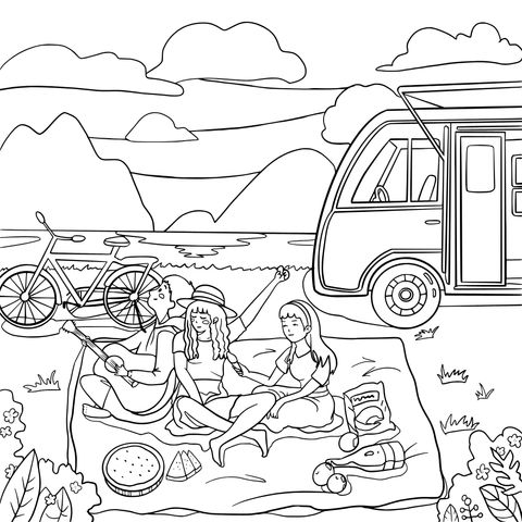 Outdoor Picnic Coloring Page: Enjoy a Relaxing Camping Time