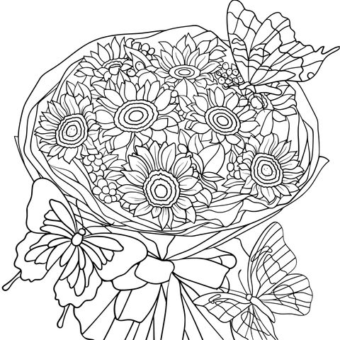 Colorful Sunflower Bouquet and Butterflies Coloring Page