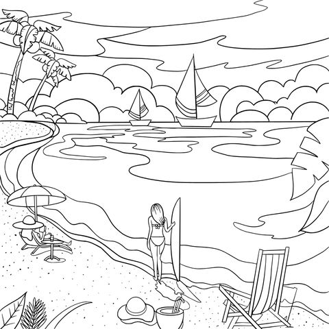 Summer Beach - themed Coloring Page