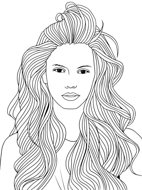 Coloring Page of a Woman with Long Pink Hair